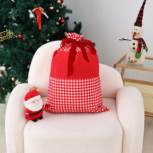 Kantong Kain Kanvas Santa Ukuran Ekstra Besar dengan Pita dan Motif Kotak-kotak, Tas Hadiah Natal dengan Tali Serut, Tas Dekorasi Liburan yang Dapat Digunakan Kembali untuk Anak-anak - Product Image 3
