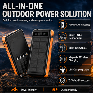 Batterie <span class=keywords><strong>solaire</strong></span> portable 10000mAh, <span class=keywords><strong>chargeur</strong></span> intégré avec câble, charge sans fil magnétique et lampe de camping LED - Product Image 3