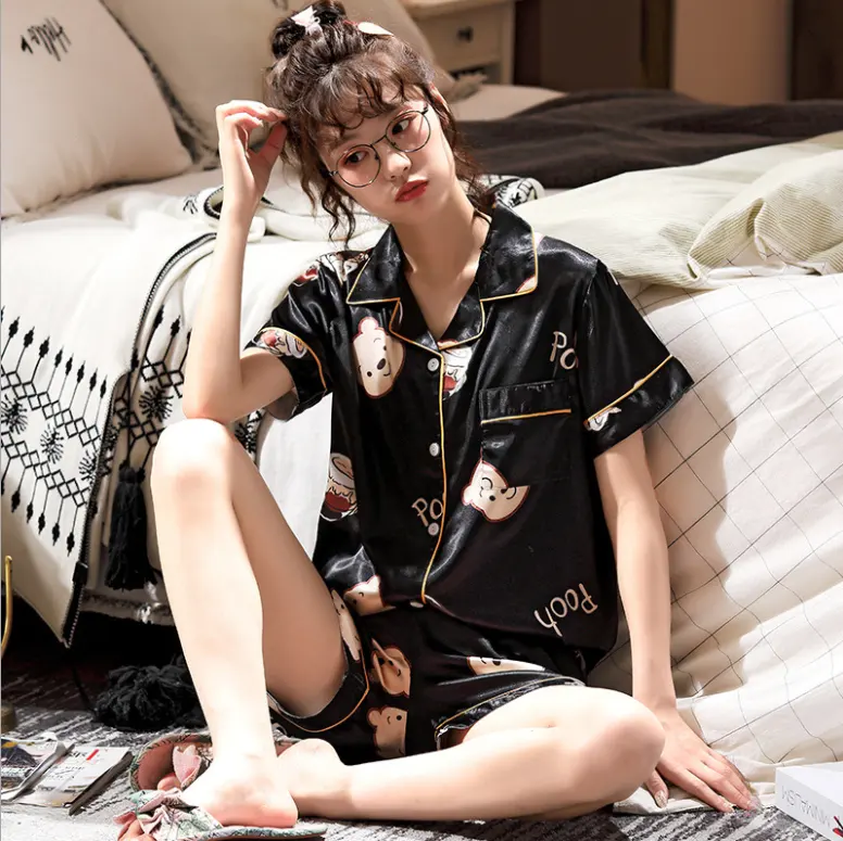 Summer simulation silk pajamas female cute for cartoon young ladies short-sleeved ice silk cardigan home pajama sets women