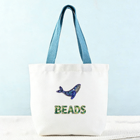 Sac fourre-tout en toile personnalisable avec poignées, motif brodé de perles animaux marins, initiales en option, couleur unie, taille moyenne