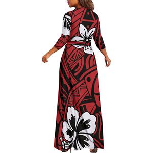 Abito da donna <span class=keywords><strong>rosso</strong></span> con stampa a fiori bianchi abiti taglie forti abito da <span class=keywords><strong>sera</strong></span> formale Puletasi hawaiana stile isola Maxi abito da <span class=keywords><strong>sera</strong></span> - Product Image 2