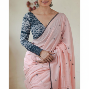 Sari en coton Chanderi brun tissé à la main avec un chemisier Kalamkari contrasté, sari en coton Chanderi - Product Image 1