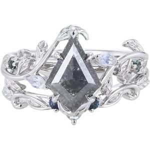 Ensemble de bagues vintage sel et poivre serties de diamants, bague de fiançailles taille cerf-volant 1,5 carat pour femme, en argent sterling 925, motif végétal - Product Image 4