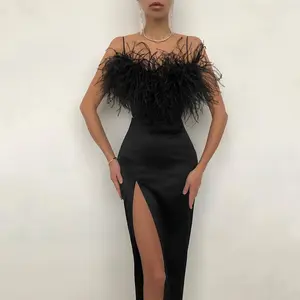 Nueva llegada señoras moda Sexy sin tirantes negro Rosa pluma vestido fiesta lujo más tamaño vestido