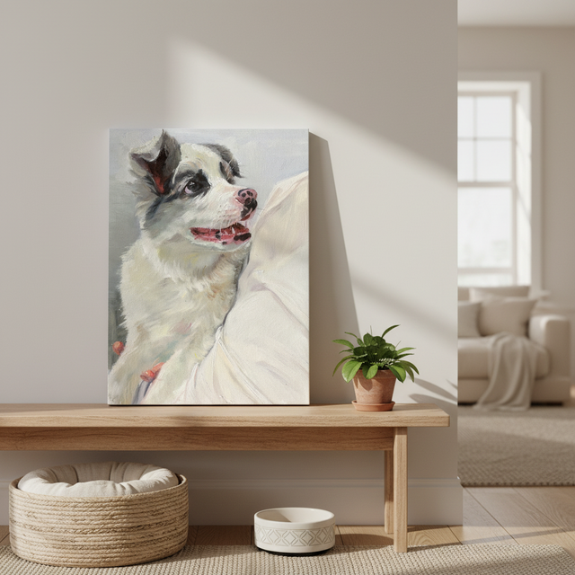Customized Hand Drawn Border Collie Pet Portrait Impressionist Oil Painting Canvas UV-Proof Coating High Resolution Wood Frame