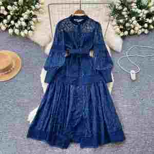 Vestido Maxi Casual de Invierno 2024 para Mujer, Estilo Vintage, Tejido Ecológico, Lavable, con Mangas Farol, Cintura Imperio, Bordado y Encaje, Corte en A - Product Image 1