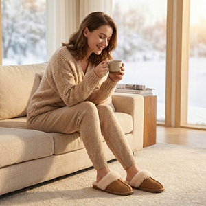 Chaussons fermés légers en faux daim avec bordure en fausse fourrure de lapin, épais et chauds - Product Image 3