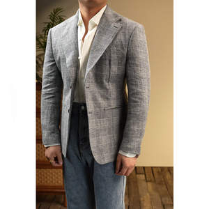 <span class=keywords><strong>Blazer</strong></span> <span class=keywords><strong>Homme</strong></span> 100% Lin <span class=keywords><strong>Gris</strong></span> Clair Imprimé Prince Plaid, Veste de Costume Décontractée à Simple Boutonnage, Revers Cranté, Coupe Slim - Product Image 1