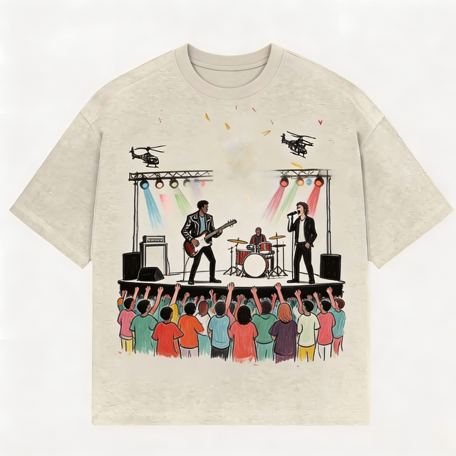 Custom Hand-Drawn Rock Concert Graphic T-Shirt, Men's Vintage Washed Oversized Cotton Tee