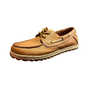 Chaussures bateau en cuir véritable faites à la main pour hommes, marron, talon bas, respirantes, décontractées, à lacets avant, semelle cousue, couleur unie - Product Image 1