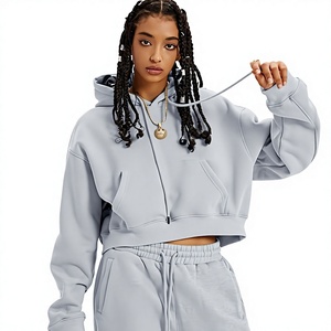 Conjunto de Sudadera y Pantalones de Chándal para Mujer, 2 Piezas, Gris Jaspeado, Sudadera Corta con Capucha y Pantalones de Felpa, Conjunto Coordinado para Descansar, Proveedor Mayorista, MOQ Bajo - Product Image 2