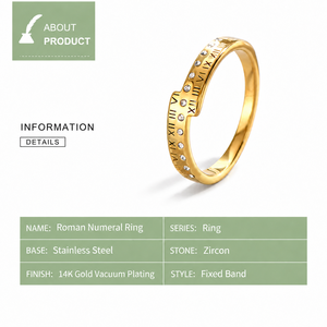 Bague en acier inoxydable doré avec zircon, plaqué or 14 carats sous vide, chiffres romains, bande fine fixe - Product Image 2