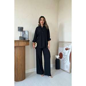 Conjunto de Camisa Negra de Crepé y Pantalones Anchos Alice para Mujer, Atuendo Casual de Manga Larga, Transpirable y a la Moda - Product Image 4