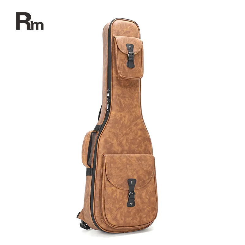 GB18 आरएम इंद्रधनुष संगीत के मामले में OEM उच्च गुणवत्ता भूरे रंग के चमड़े टिकाऊ समायोज्य नरम पट्टियाँ ध्वनिक इलेक्ट्रिक गिटार बैग टमटम बैग