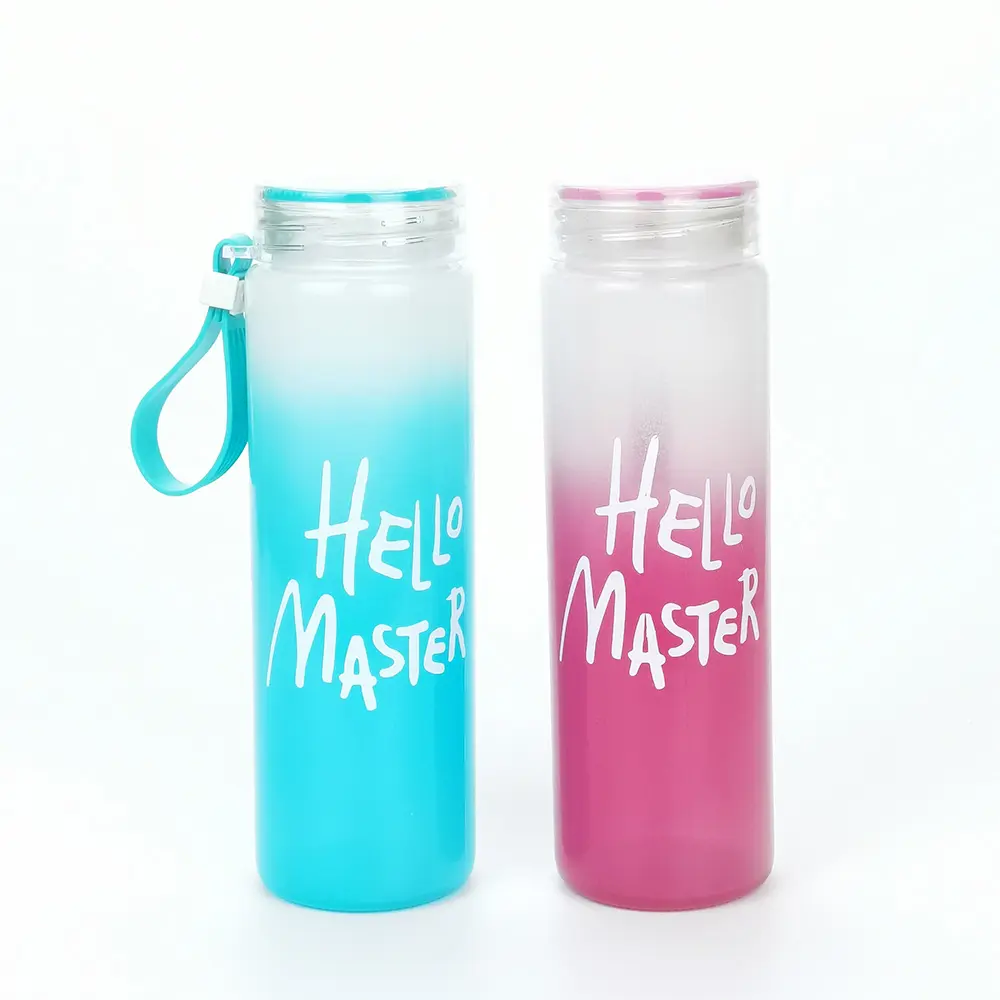 Factory Customized Cheap Recycled High Borosilicate Colorful Gradient Handheld Camping Frosted Water Glass Bottle with Rope