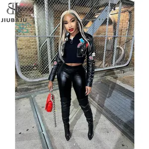Fall PU Leather Black Pink Jackets For Women 2022 Casual Crop Tops Sexy Night Club Coat