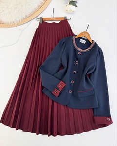 Mode deux pièces ensemble femmes plissé longue jupe et col femme couleur diamant haut élégant dubaï ouvert Abaya vêtements musulmans - Product Image 2