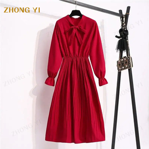 Vestido para <span class=keywords><strong>Mujer</strong></span>, <span class=keywords><strong>Otoño</strong></span> <span class=keywords><strong>Invierno</strong></span> <span class=keywords><strong>2022</strong></span>, Nuevo, Sólido, con Mangas Acampanadas, de Gasa, Cintura Alta, Cuello con Lazo, Estilo Vintage, Línea A - Product Image 3
