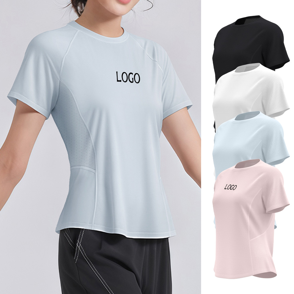 OEM Custom Loose Short Sleeve Breathable Quick Dry High Stretch Mesh Patchwork Running Yoga Gym Tops Sports Women's T-Shirt