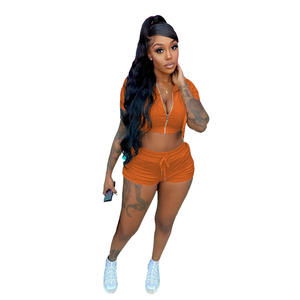 Vente en gros Vêtements de sport sexy Ensemble 2 pièces pour <span class=keywords><strong>femme</strong></span> Pantalon à fermeture éclair court et à cordon de serrage Survêtement de jogging personnalisé uni - Product Image 2