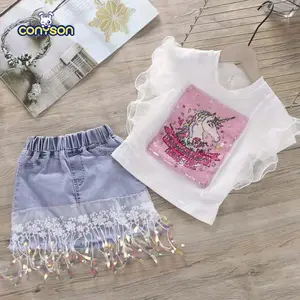 unicorn Girls Clothing Sets 2021 Summer Baby girl casual suit Kids Clothes Sequins Lace T-shirt+Denim skirt Children Suit 2-7yrs