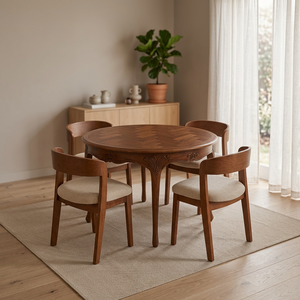 <b>Round</b> Wooden <b>Dining</b> <b>Table</b> <b>Set</b> Teak Finish Wood Chair <b>Set</b> Modern <b>Dining</b> Room Furniture - Product Image 1