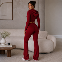 Conjunto Deportivo OEM ODM para Mujer, Color Vino Tinto, Algodón Acordonado, Manga Larga, Sudadera Corta con Cierre Completo, Cintura Alta, Corte Ajustado y Acampanado
