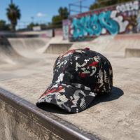 Casquette de baseball camouflage métallique personnalisée en gros, 6 panneaux, visière pré-courbée, bouton supérieur rouge, fabricant OEM ODM, vente en gros, faible MOQ, usine