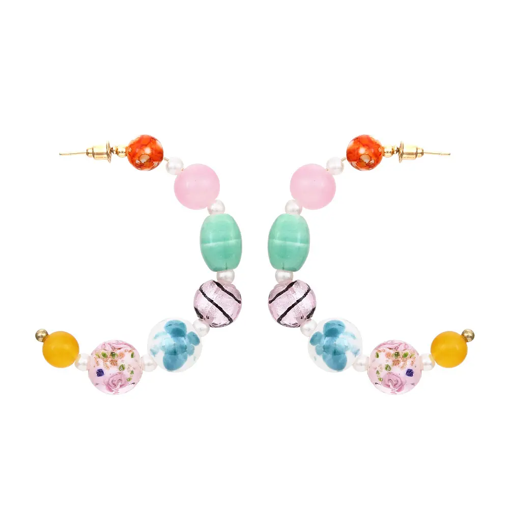 European and American Fashion Vintage Trend Bohemian Style Women's C-shaped Beads Candy Color Lucite Beads Earrings