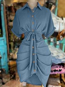 <span class=keywords><strong>Robe</strong></span> <span class=keywords><strong>chemise</strong></span> décontractée d'été pour femme, élégante et unie, à col montant et taille naturelle, à manches courtes, vente en gros - Product Image 5