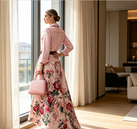 Ensemble deux pièces pour femmes, chemise à manches longues à carreaux, jupe longue à imprimé floral rose, tenue décontractée élégante pour femmes, vêtements de mode pour femmes