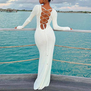 Personalizado Fruncido Frente Sexy Caliente, Negro <span class=keywords><strong>Vestidos</strong></span> Mujeres Manga Larga Botón Casual Elegante Vestido Maxi Vestido - Product Image 6