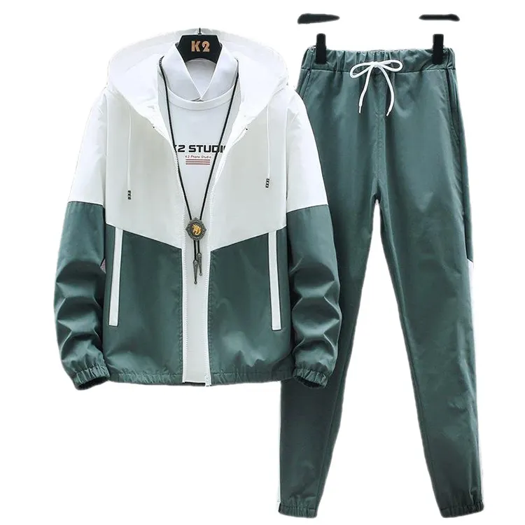 Vendeur fournit des vêtements de sport 3 pièces blanc vert avec fermeture éclair complète, ensemble de pantalons de survêtement à capuche, survêtement avec logo personnalisé pour hommes