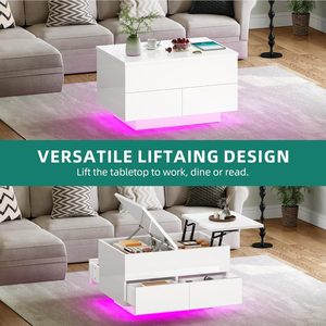 Tavolino <span class=keywords><strong>da</strong></span> Caffè Moderno Bianco Rettangolare con Illuminazione LED, Vano Contenitore Nascosto e Altezza Regolabile - Product Image 3