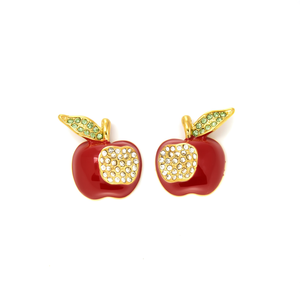 Boucles d'oreilles tendance en forme de pomme, émail rouge, plaqué or, détail cristal, acier inoxydable 316L, design durable - Product Image 2