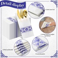 Serviettes en papier jetables Airlaid blanches à poche, motif floral bleu, avec pochette intégrée pour couverts, pour mariage
