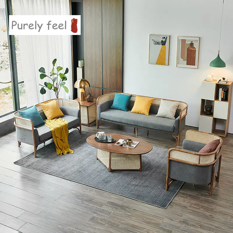 PurelyFeel oturma odası rattan kanepe kombinasyonu kül sağlam ahşap kanepe ev kalmak rattan mobilya