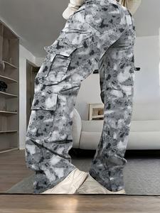 Pantalon cargo en denim 100% coton, coupe ample, taille haute |   Design imprimé décontracté, poches 3D, résistant à la décoloration et lavable, toutes saisons - Product Image 4