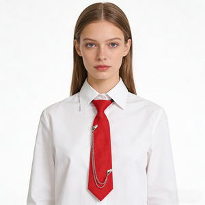 เนคไทผู้หญิงแบบไม่ต้องผูก สีแดงดำ โซ่โลหะ สไตล์พังก์ เครื่องประดับชุดยูนิฟอร์ม ผ้าโพลีเอสเตอร์ - Product Image 3