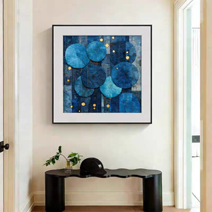 New Abstract Blue Lotus Leaf Wall Art <strong>Large</strong> <strong>Framed</strong> Minimalist Geometric 3D Embossed Leather Texture Wall Art Living Room - Product Image 2