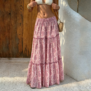 Falda Midi Vintage con Estampado Paisley, Volantes en Capas, Cintura Elástica, Estilo Campestre, Dulce y Versátil, Corte Holgado para Verano - Product Image 4