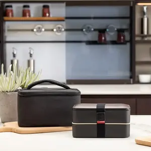 Double Layer Bento Box Stylish Leak-proof Lunch Box Wooden Style Printing On The Surface