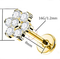 Labret Fleur en Titane de Grade Implantaire ASTM F136 avec Pavé de Zircon Cubique, à Enfoncer Sans Filetage, pour Piercing Tragus, Hélix, Lobe, Conch