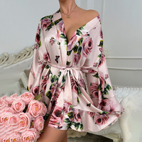 Pyjama de luxe ample et confortable pour femme, en soie japonaise texturée, col en V, manches longues, à lacets, respirant, imprimé à volants, pour la maison