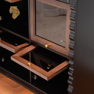 Mobiletto Modulare <span class=keywords><strong>Vintage</strong></span> in Legno con Ante in Vetro e Tessuto, Credenza Bicolore Estensibile, Porta TV per Soggiorno - Product Image 5