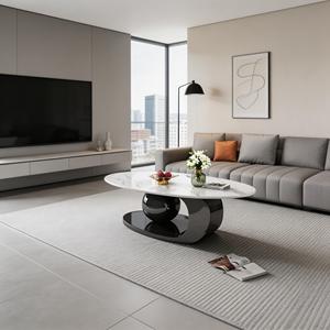 Mesa de Centro Moderna Ovalada de Piedra Sinterizada con Base de Bola Negra, para Sala de Estar de Lujo - Product Image 2