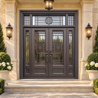 Porte d'entrée double moderne et personnalisée pour villa, avec panneaux en verre, pour maison classique en briques