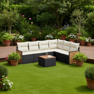 Set Divano da Esterno 7 Pezzi in Polyrattan Nero con Cuscini - Eleganti Set da Giardino - Product Image 2