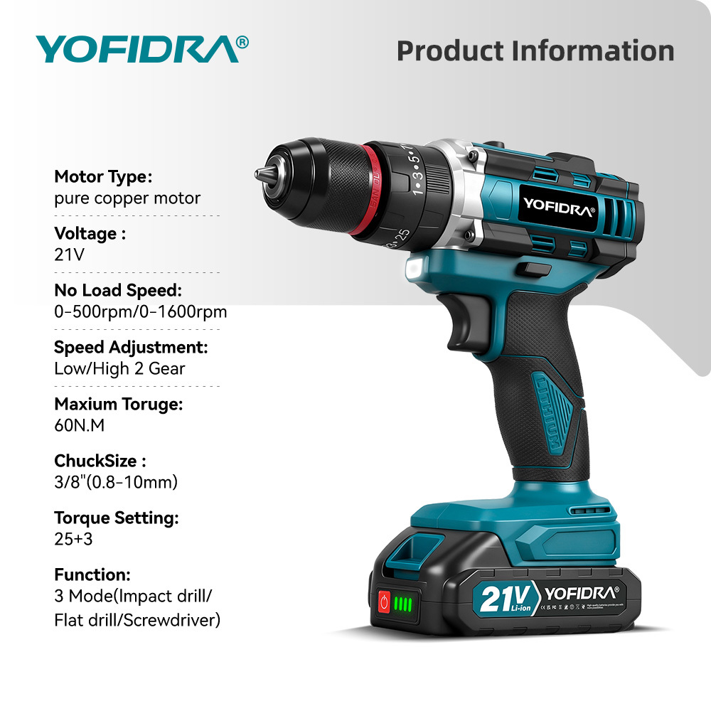 YOFIDRA 3-in-1 Cordless Impact Drill – Torque Electric Power Tool for Makita 21V Battery - View 2