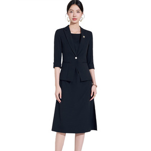 Women's Suit Set Navy Blue Three Quarter Sleeve Blazer And Skirt Anti Wrinkle Solid Color Professional Workwear - Product Image 5